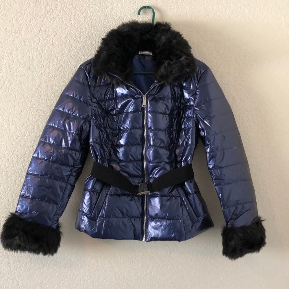 Metallic Navy Blue Puffer Coat w- Black Faux Fur Trim And Belt